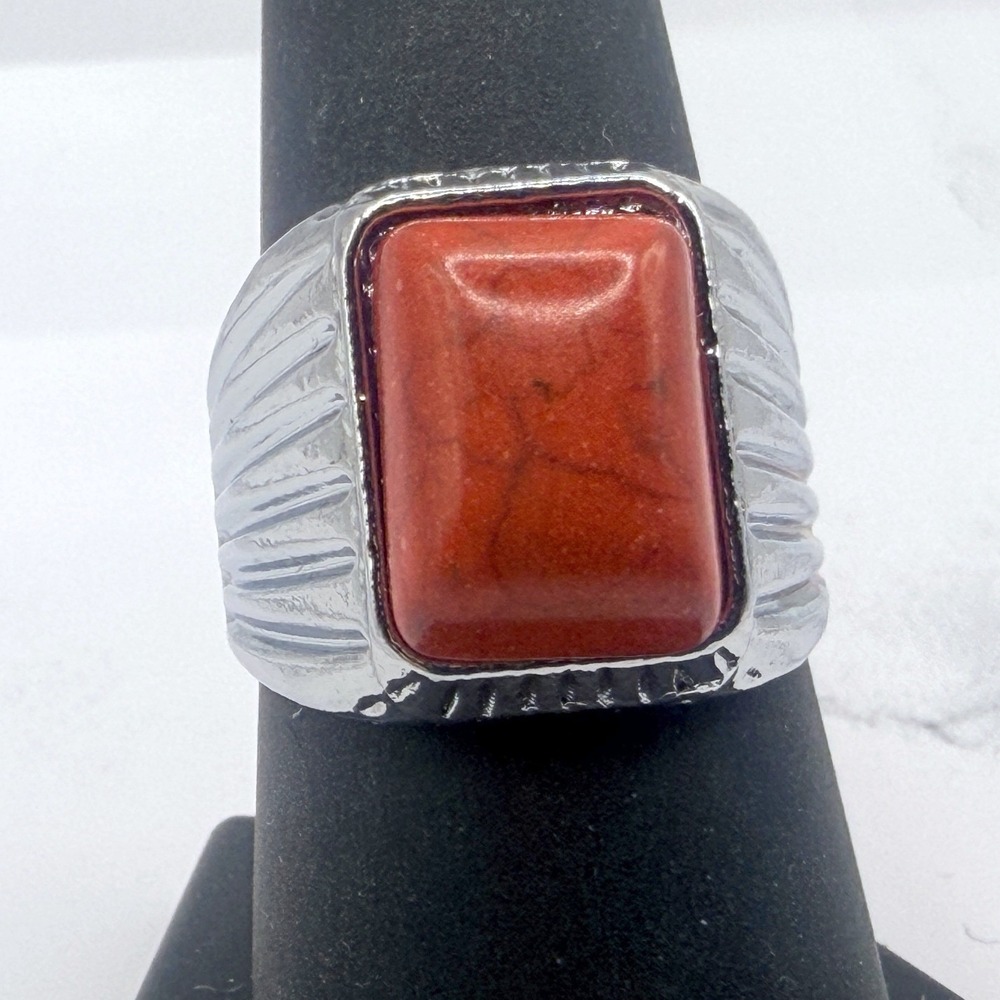 Red Natural Stone Statement Ring Size 8 Silver Tone Chunky Signet Ring